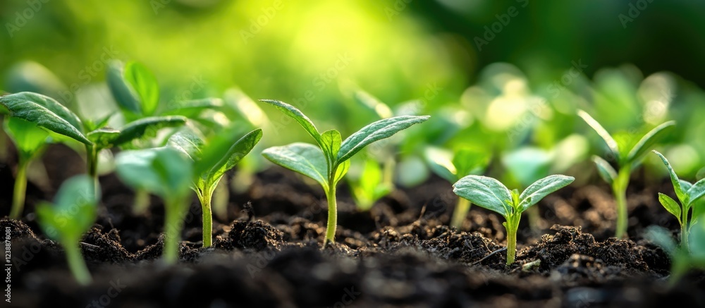 Close-up of young green seedlings sprouting from rich soil in a garden with blurred background and natural light Copy Space Close-up of young green seedlings sprouting from rich soil in a garden with blurred background and natural light Copy Space