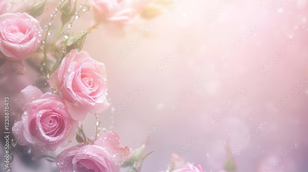 delicate pink garden roses creating circular wreath composition, soft pastel background with morning dew drops, ethereal botanical styling delicate pink garden roses creating circular wreath composition, soft pastel background with morning dew drops, ethereal botanical styling