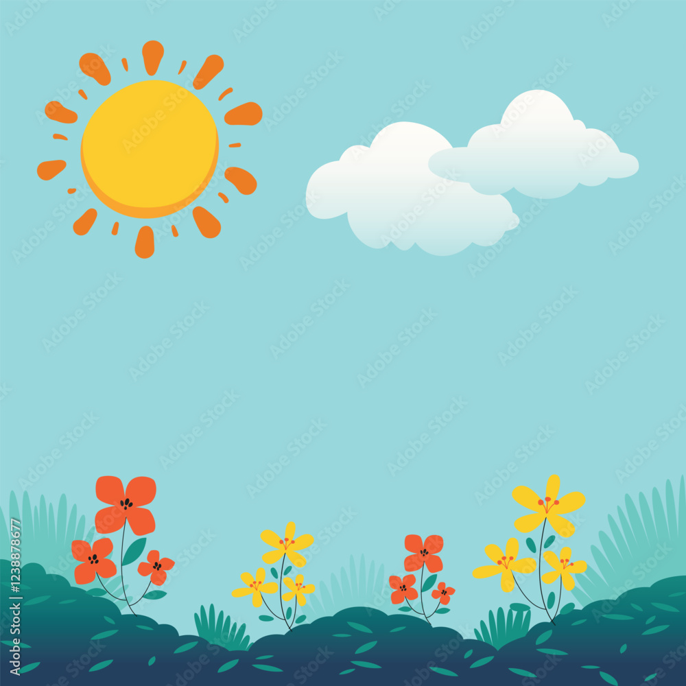 A vibrant landscape features a bright yellow sun shining down on a mix of red and yellow flowers amid lush green grass under a blue sky with fluffy clouds. A vibrant landscape features a bright yellow sun shining down on a mix of red and yellow flowers amid lush green grass under a blue sky with fluffy clouds.