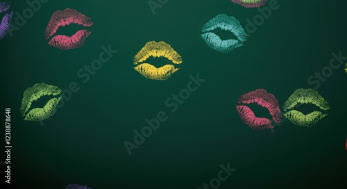 Colorful lipstick kiss marks on green background photo