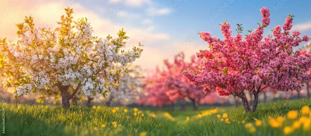Blooming fruit trees in orchard during spring with vibrant blossoms and clear sky Blooming fruit trees in orchard during spring with vibrant blossoms and clear sky