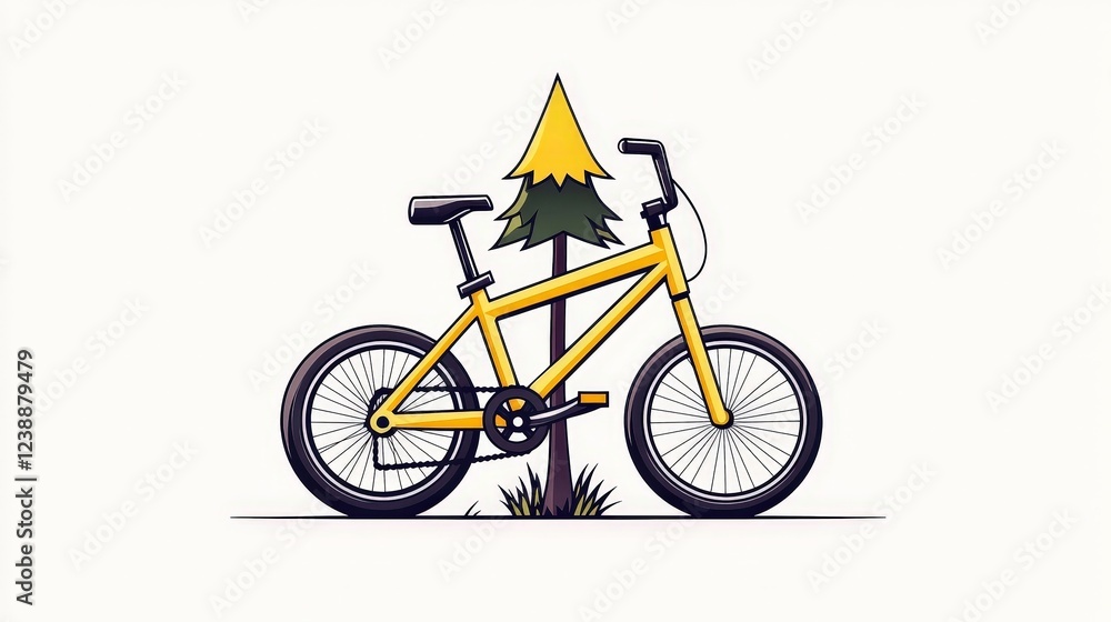 Naklejka premium Bright Yellow Bicycle Leaning Against Green Pine Tree and Grass in Minimalist Style
