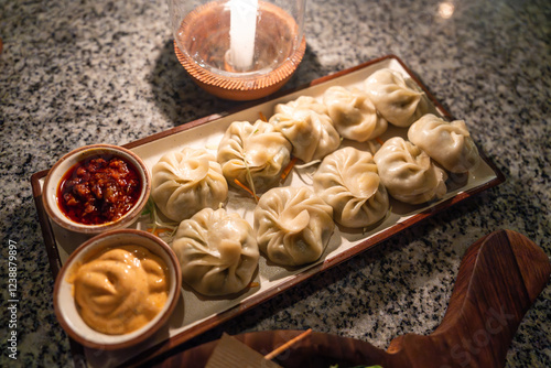 Dim Sum aufgereiht auf einem langen Teller mit Dip und Saucen in einem Restaurant auf dem Tisch neben meiner Kerze photo