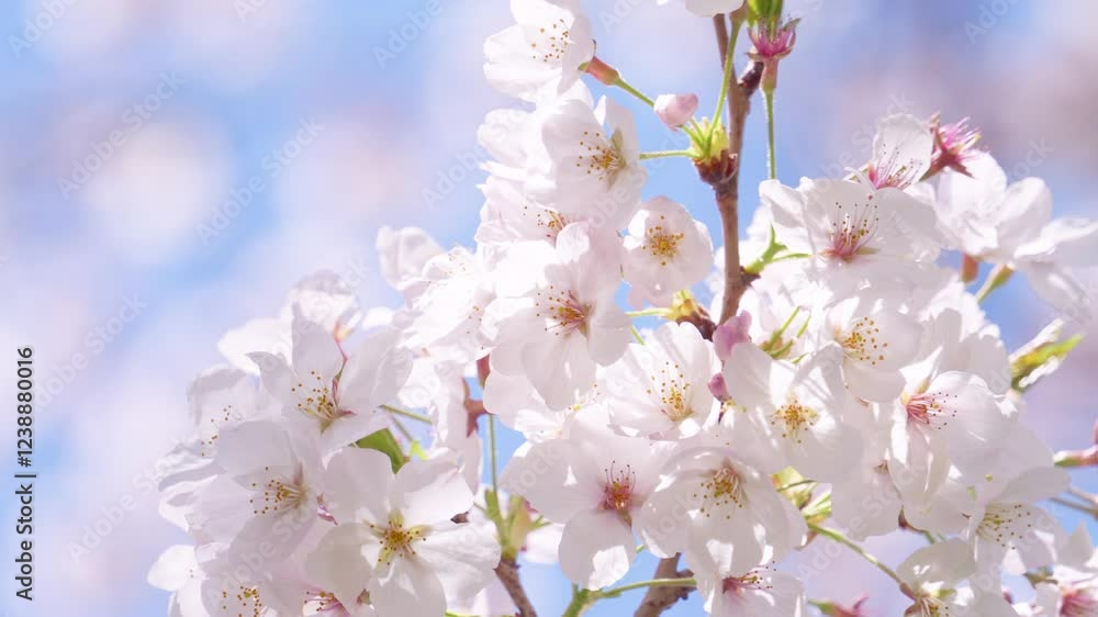 ゆっくりと風に揺れる満開の桜。柔らかな日差しと青い空。 Cherry blossoms in full bloom slowly swaying in the wind. Soft sunshine and blue sky. ゆっくりと風に揺れる満開の桜。柔らかな日差しと青い空。 Cherry blossoms in full bloom slowly swaying in the wind. Soft sunshine and blue sky.