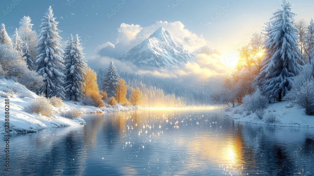 Serene Snow-Covered Mountains Tranquil River Winter Landscape Magical Wonderland Captivating View Nature's Beauty Serene Snow-Covered Mountains Tranquil River Winter Landscape Magical Wonderland Captivating View Nature's Beauty