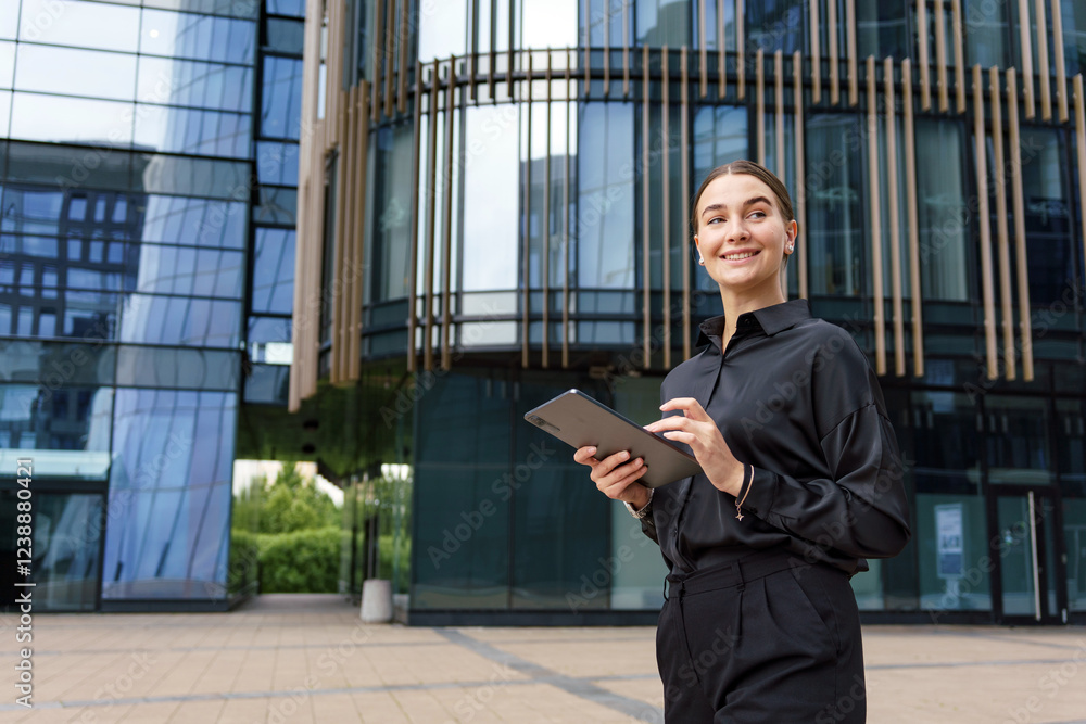 Fototapeta premium Professional woman using tablet in modern urban setting with glass buildings during daytime hours