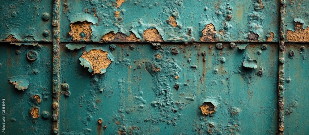 Naklejka premium Rusty teal metal surface with peeling paint and texture panels in close-up view
