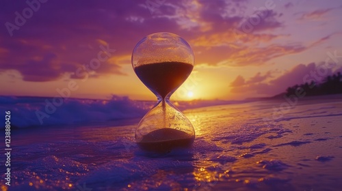 dramatic hourglass silhouette filled with golden sand particles catching sunset light, placed on tranquil beach with gentle waves, purple-orange sky photo