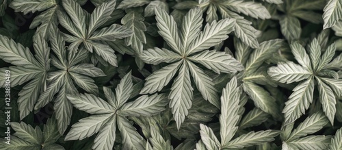 Dense foliage background featuring palmately compound leaves in natural monochrome tones photo