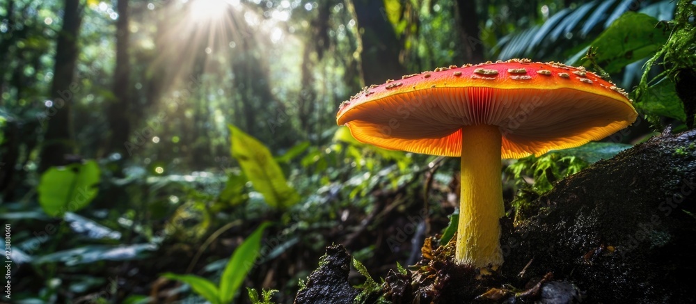 Fototapeta premium Red Amanita Mushroom in Forest with Sunlight Filtering Through Trees