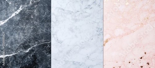 Three Types of Marble Textures in Black, White, and Pink with Vertical Alignment