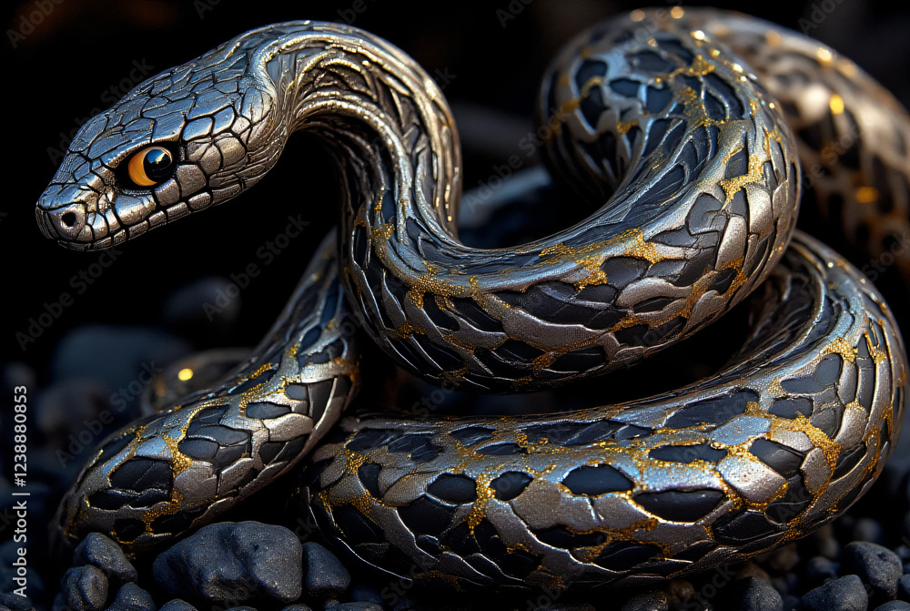 Fototapeta premium Close-up of Snake Scales with Glossy Metallic Reflections and Dark Tones 