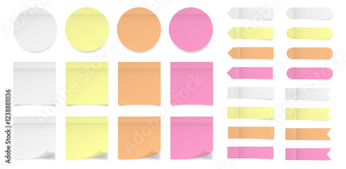 Set of square and round paper stickers. Stick in notes. White, yellow, pink and orange colors. Multicolor post it notes. Sheets of paper. Tag, sticky note. Pointed bookmarks