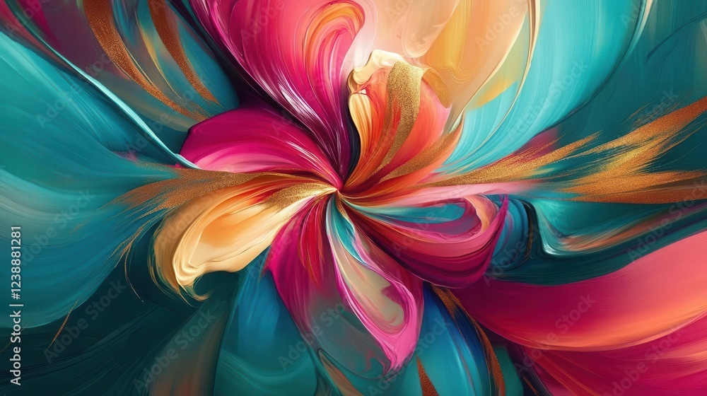 dynamic abstract floral composition with swirling brushstrokes in vibrant fuchsia, turquoise, and gold, created using fluid art techniques on canvas dynamic abstract floral composition with swirling brushstrokes in vibrant fuchsia, turquoise, and gold, created using fluid art techniques on canvas