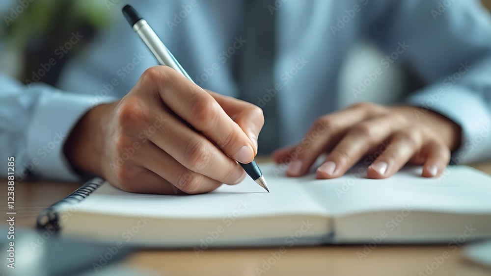 Detailed view of a man's hand taking notes in a notepad on a cutting-edge laptop, against a blurred backdrop Detailed view of a man's hand taking notes in a notepad on a cutting-edge laptop, against a blurred backdrop