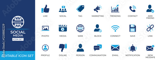 Social media icon set featuring network symbols, press, news, community, marketing, friends, click, network, connect, media, social, and digital communication elements.