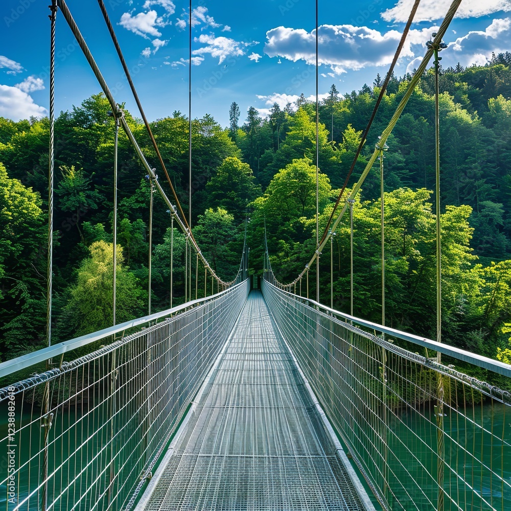 Obraz premium Green woodland and beautiful sky over a river on a suspension bridge, Generative AI.