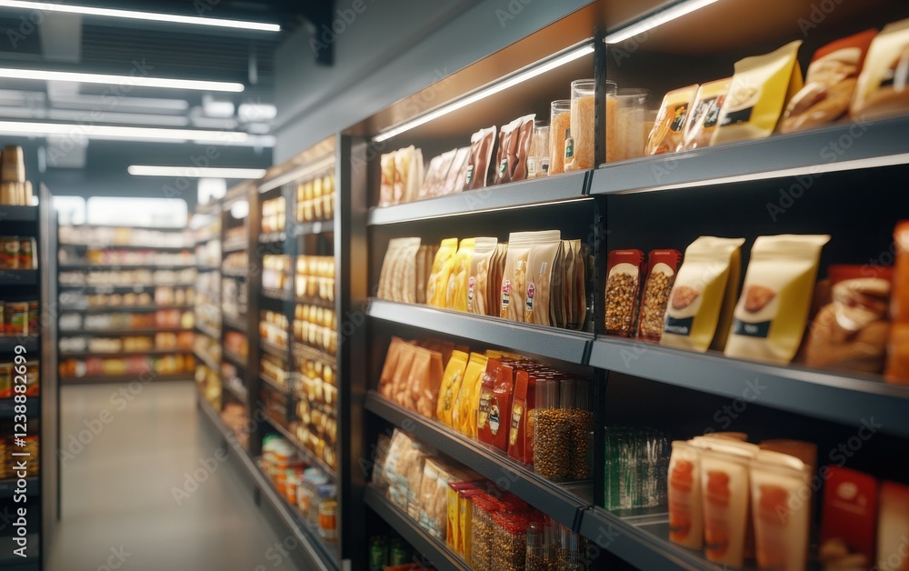 Fototapeta premium Upscale Supermarket Aisle with High-End Goods: A defocused shot of supermarket shelves filled with colorful packaging of high-end products like designer snacks, rare spices