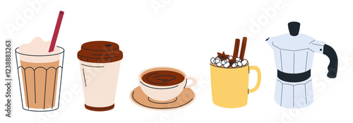 Hot and cold coffee beverage. Different types of drinks set. Espresso, americano cup, cappuccino and latte in paper mug.