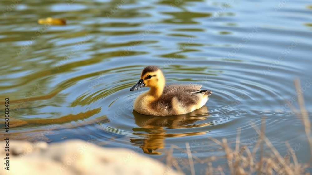 Duckling swims calmly in a serene pond surrounded by gentle ripples and natural scenery Duckling swims calmly in a serene pond surrounded by gentle ripples and natural scenery