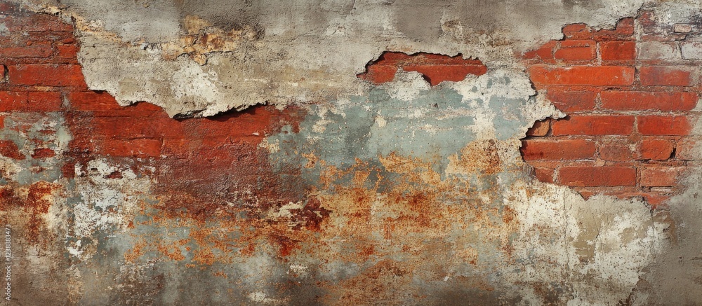 Obraz premium Aged brick wall with peeling plaster and weathered texture