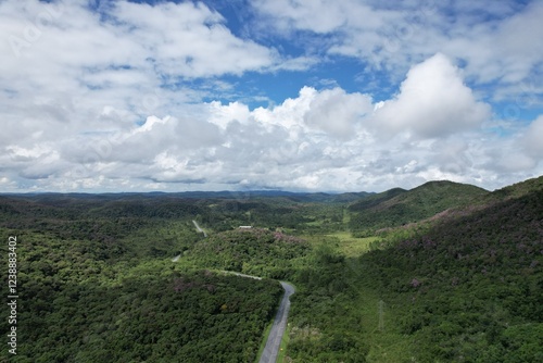 a imagem de uma estrada que corta a floresta tropical no interior do estado de São Paulo, Brasil, captada por um drone. photo