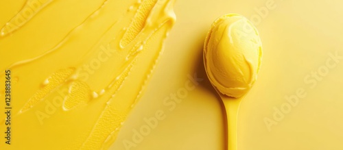 Yellow paint on spoon with paint drips and brush strokes background