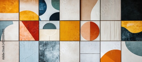 Geometric abstract art with colorful patterns and shapes on tiled wall surface photo