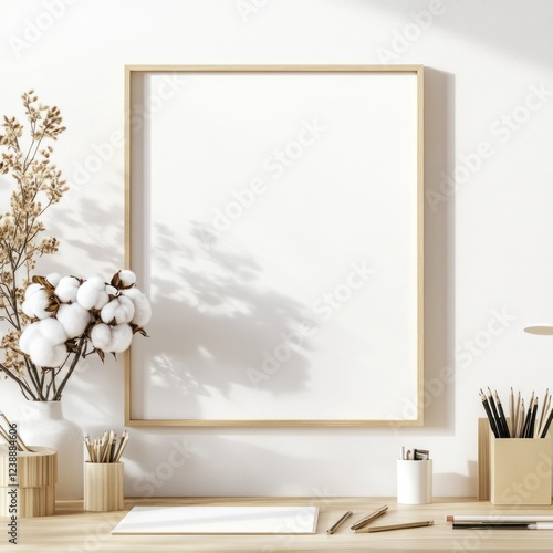 Blank frame mockup on wooden desk with stationery and cotton.