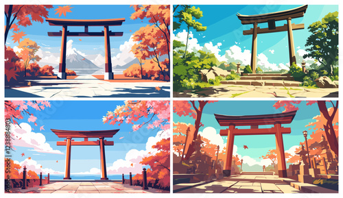 Japanese temple gate. Asian landscape with torii mountain trees, autumn summer traditional japan shrine vector illustration