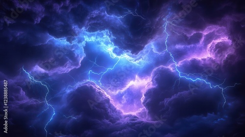 ethereal abstract composition featuring swirling indigo and violet storm clouds with electric blue lightning streaks, creating a dramatic cosmic atmosphere with mystical fog effects
