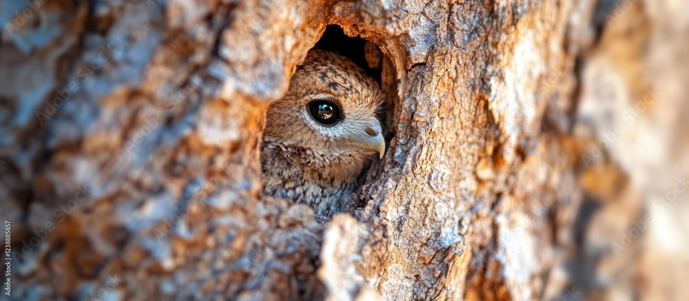 Spotted owl peeking from tree cavity bark texture close-up wildlife photography Spotted owl peeking from tree cavity bark texture close-up wildlife photography