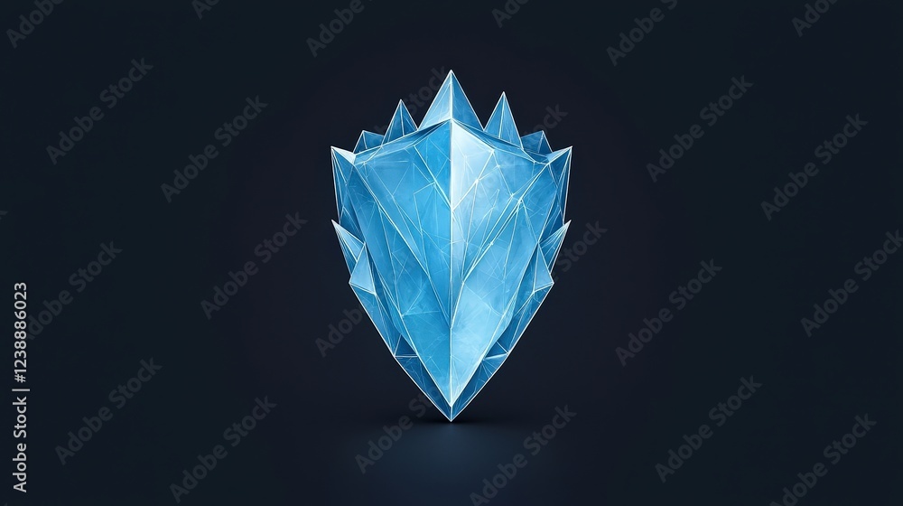 Blue Geometric Crystal Shield Design with Sharp Edges and Faceted Surface on Dark Background