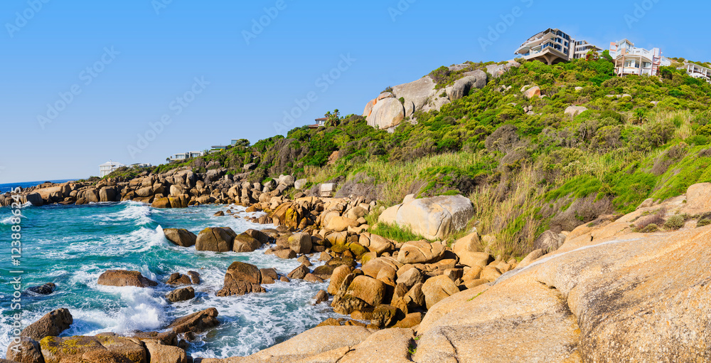 Panorama of Llandudno Beach with Houses on the Cliff, Cape Town, South Africa