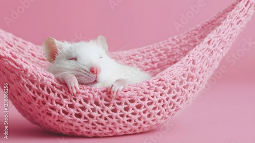 Adorable white hamster blissfully napping in a pink hammock, surrounded by a serene atmosphere. National Pet Day Concept photo