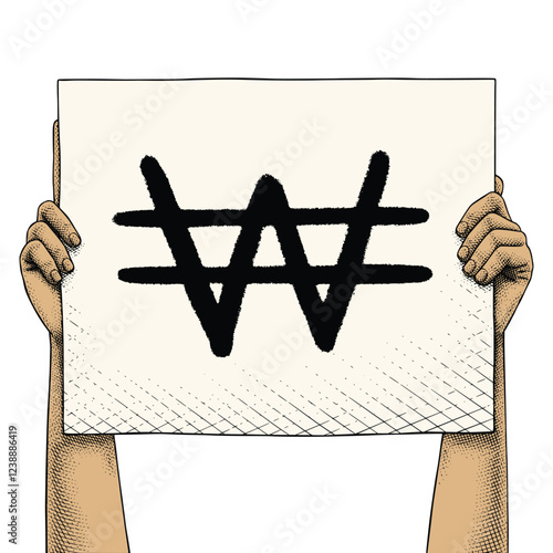 Hand raising a sign that says Won Icon Colored