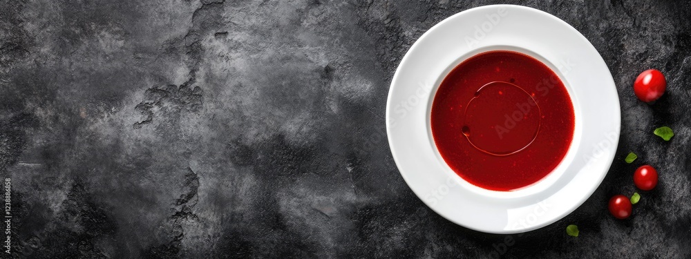 Bowl of tomato soup with cherry tomatoes on dark textured background with copy space Bowl of tomato soup with cherry tomatoes on dark textured background with copy space