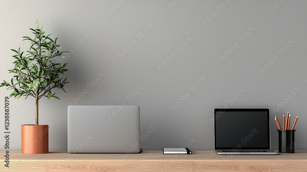 Modern Workspace Arrangement with Laptops, Plant, and Minimalist Desk Accessories Modern Workspace Arrangement with Laptops, Plant, and Minimalist Desk Accessories
