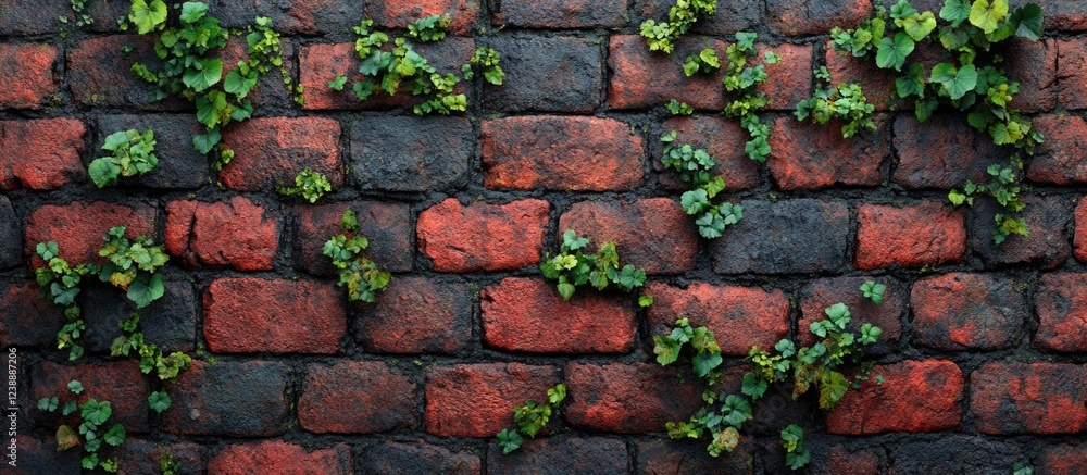 Brick wall with green ivy climbing between bricks in natural pattern Brick wall with green ivy climbing between bricks in natural pattern