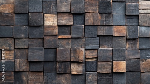 Dark wood textured block wall with square panels in varied shades of brown and black