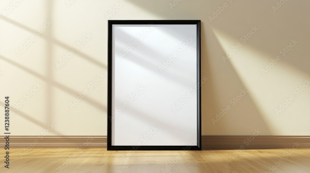 Blank vertical poster mockup in black frame against a beige wall with sunlight. Blank vertical poster mockup in black frame against a beige wall with sunlight.