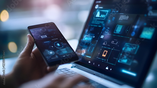 Wallpaper Mural of a server room with a digital overlay of mobile device management data and network connections  Torontodigital.ca