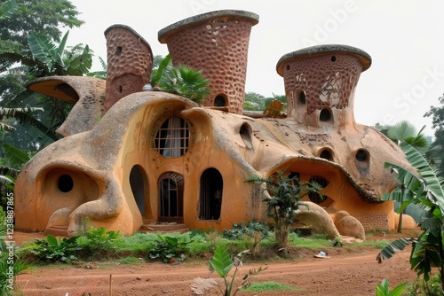 Unique clay castle house with round shapes and an organic design is being constructed in a tropical forest