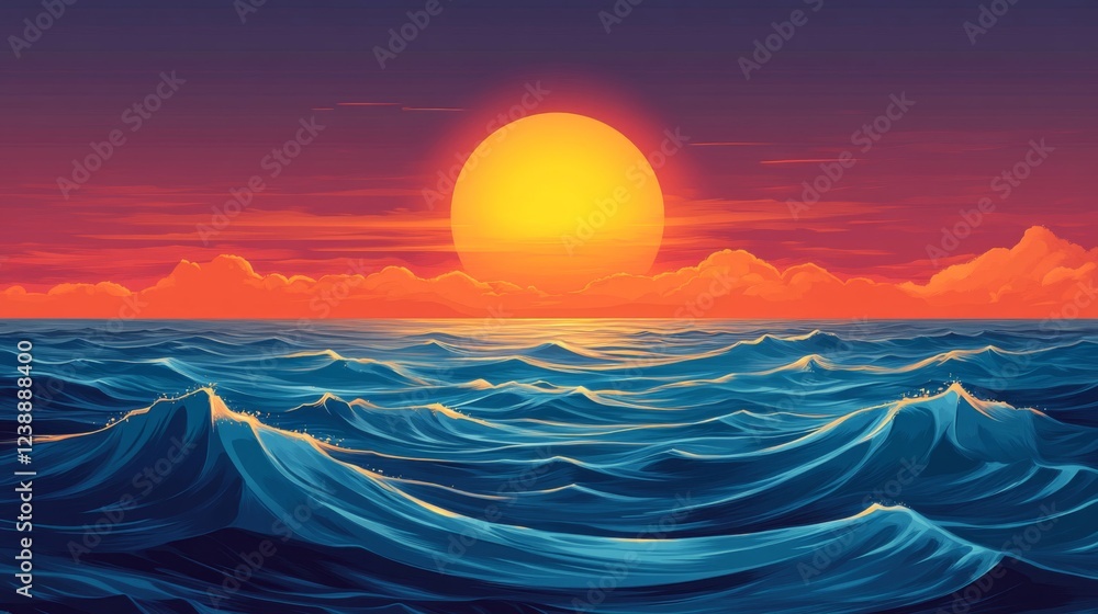 Pixel Sunset Over Ocean Waves Pixel Sunset Over Ocean Waves