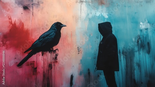 Silhouette of a hooded person facing a crow against a colorful graffiti wall.