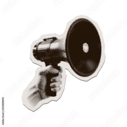Halftone black loudspeaker in hand - vintage collage element. Collage design paper sticker in trendy retro 90s magazine style. Vector illustration with vintage torn out shape.