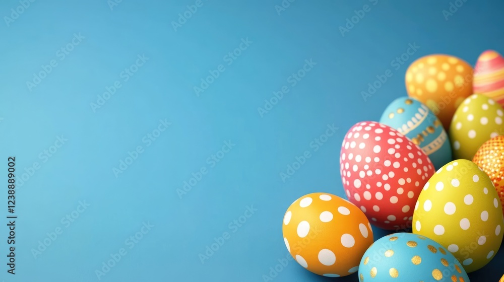 Colorful Easter eggs with polka dots on a blue background with copy space. Colorful Easter eggs with polka dots on a blue background with copy space.