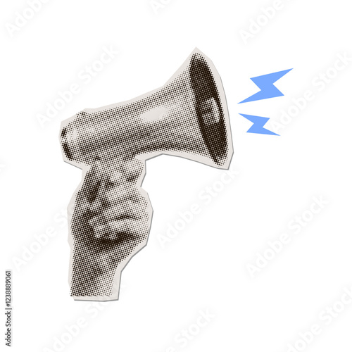 Hand holding Loudspeaker - torn out paper sticker for collage. Retro megaphone with blue lightnings. Vector halftone illustration Grunge punk element.