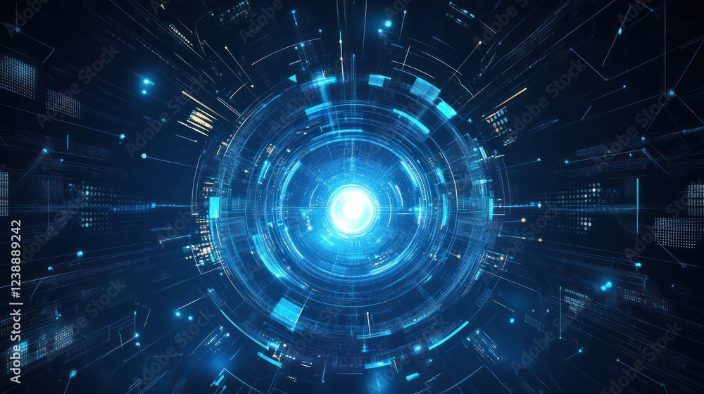 Fototapeta premium Abstract digital technology background with glowing blue circle and lines.