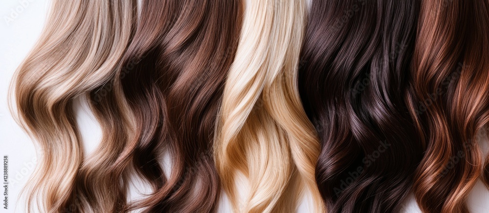 Various Shades of Wavy Hair Extensions in Light and Dark Colors Close-Up Various Shades of Wavy Hair Extensions in Light and Dark Colors Close-Up
